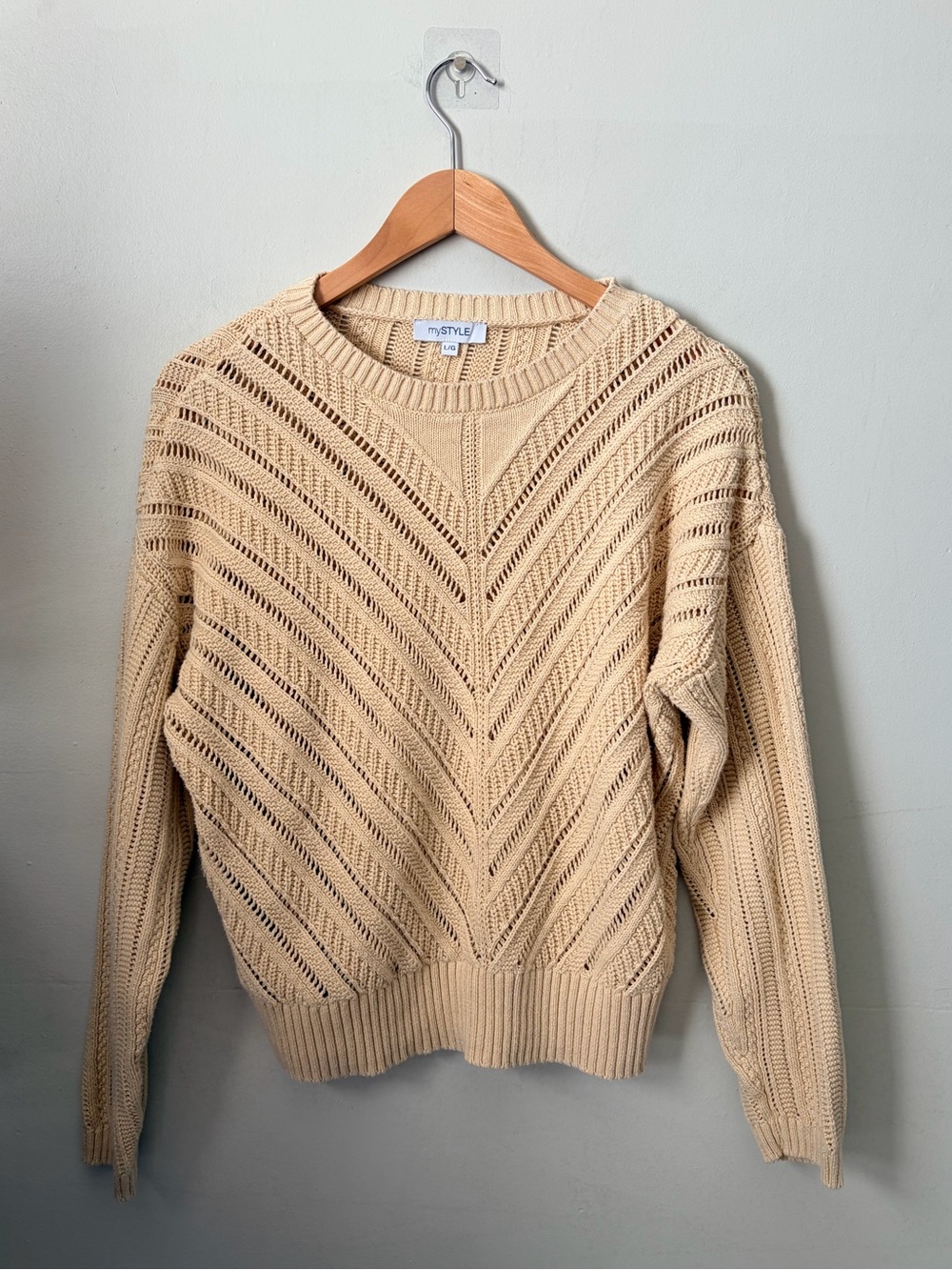 Cream Crochet Open Knit Chevron Cotton Sweater Large Beige Pointelle Pullover